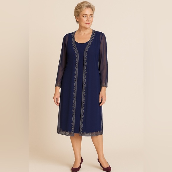 Scala Vintage Navy Sheer Silk 2 piece beaded Dress and Sheer Jacket 80’s - Picture 9 of 9